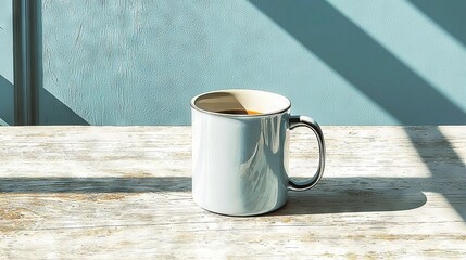 Wall Mural -   A white coffee mug rests atop a wooden table, beside a blue wall and a cast shadow