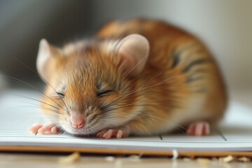 Wall Mural - Sleeping mouse on a calm, soft, and cozy surface, this cute rodent is the perfect small furry pet