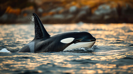 Wall Mural - Orca whale mammal swimming in ocean water at sunset with dorsal fin in wildlife environment