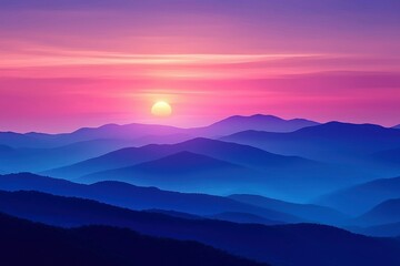 Wall Mural - Silhouetted Mountain Ranges at Sunset with a Pink and Blue Sky