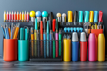 Poster - A desk organizer filled with high-quality pens, notepads, and business tools. Concept of efficiency and productivity.