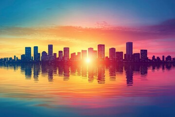 Wall Mural - Silhouette of Cityscape Reflected in Water at Sunset