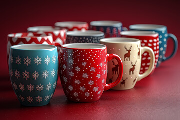 Poster - A collection of holiday-themed mugs with snowflakes and reindeer patterns. Concept of festive drinkware.