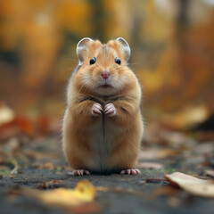 Wall Mural - Cute hamster posing outdoors in autumn nature with adorable closeup of the small furry pet