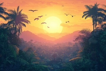 Wall Mural - Tropical Sunset Over Lush Jungle Landscape