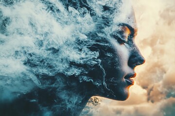 Sticker - Abstract portrait of a woman with smoke and clouds, surreal art, digital painting