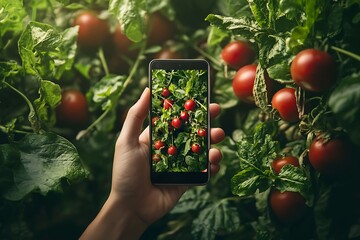 Sticker - Hand holding a smartphone taking a photo of red ripe tomatoes growing on a vine in a garden