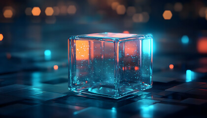 Glass cube with glowing lights in dark   