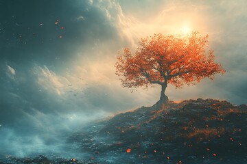 Wall Mural - Lonely tree on a cliff with orange leaves and dramatic cloudy sky. Concept of resilience, hope, nature, and fantasy