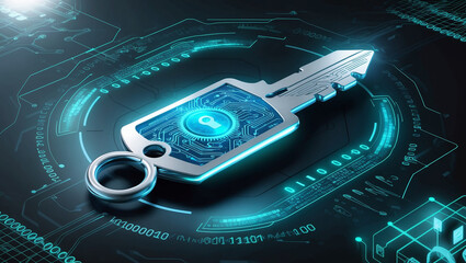 A digital key with circuit patterns, surrounded by binary codes and a futuristic interface, representing cybersecurity, encryption, and data protection.