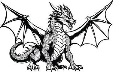 hand-drawn vector illustration of a dragon in a menacing pose, created in line art style. the intric