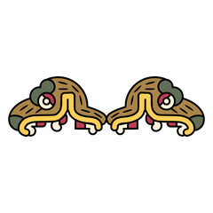 Wall Mural - Symmetrical ethnic design with two heads of fantastic animal with open jaw. Ethnic design of Aztec Indians from Mexican codex. Isolated vector illustration.