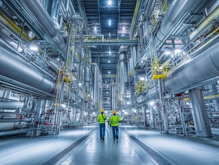 Two workers in safety gear walk through a chemical production facility, monitoring automated systems connected by large pipes and valves for optimal performance