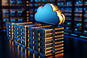 Aufkleber - A cloud database infrastructure, with a virtual cloud hovering above servers, symbolizing cloud-based storage