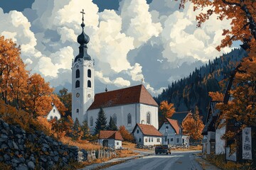 Wall Mural - A Village Church Under a Cloudy Sky