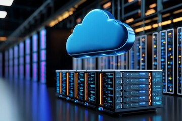 Aufkleber - A cloud database infrastructure, with a virtual cloud hovering above servers, symbolizing cloud-based storage