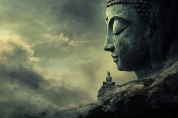 Giant Buddha Statue with a Small Figure Meditating at His Feet, Surreal Landscape