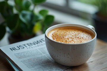 Aufkleber - a business magazine with a headline on innovation, placed next to a cup of coffee. concept of stayin