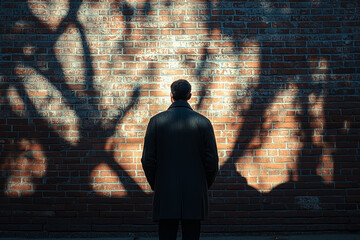 Wall Mural - an image of a person's shadow cast against a brick wall, with the shadow forming a series of thought