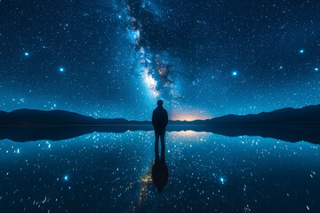Poster - an image of a person staring at a reflection of the night sky in a calm body of water, with stars an