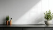 © Malik - Close-up of a blank countertop in a modern gray built-in kitchen cabinet, set against a backdrop of white ceramic wall tiles, ready for household product display.