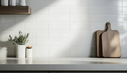 close up blank empty space countertop in modern grey build in kitchen cabinet set for household products display with white ceramic wall tiles in background   