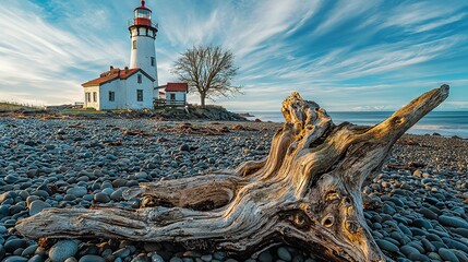 Canvas Print -  A tree stump rests atop a rocky shore, beside a lighthouse perched atop a hill