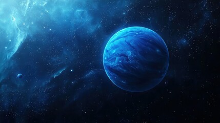 Canvas Print -   An artistically rendered blue planet with stars and a blue sky in a space setting is displayed