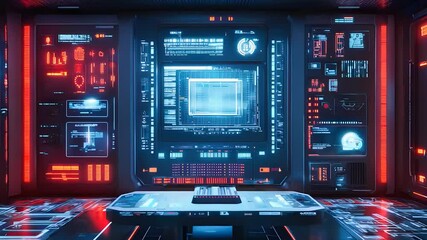 Futuristic digital control room with glowing red and blue interfaces representing advanced systems and technology