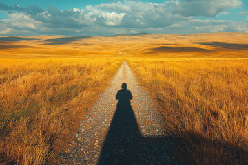 Poster - a shadow of a person walking through a path that gradually turns into a vast, open field, symbolizin