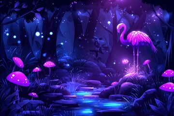 Wall Mural - A Pink Flamingo Stands in a Mystical, Glowing Forest