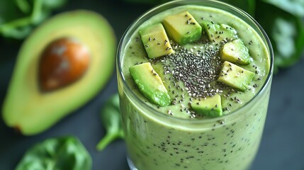 Wall Mural -   Green smoothie with avocado and chia seeds in glass next to avocado