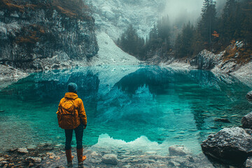 Wall Mural - A reflective image of a person gazing into a crystal-clear lake, with their own image perfectly mirrored, symbolizing self-exploration and clarity.