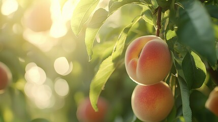 Sticker -   A cluster of peaches dangling from a tree, illuminated by the sun filtering through the foliage and the fruit remaining suspended