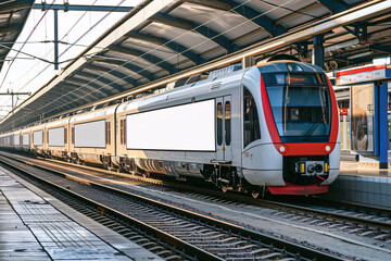 A modern, white passenger train stands at a platform, ready for departure.  The train is illuminated by the morning sun, casting a warm glow on the platform and the surrounding area. Generative Ai