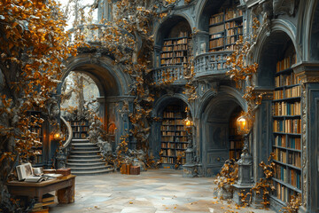 Poster - a magical library where characters from the books are coming to life and interacting with readers, r