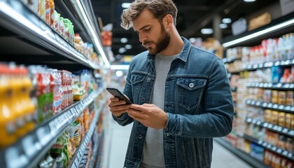 Young man dressed casually using a smartphone while shopping for groceries in a supermarket.