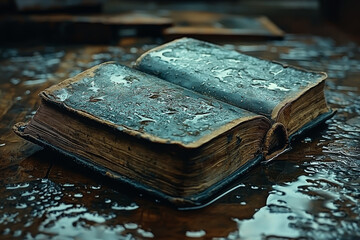 Poster - a close-up of an old, weathered book lying open on a desk, with pages reflecting in a puddle of wate