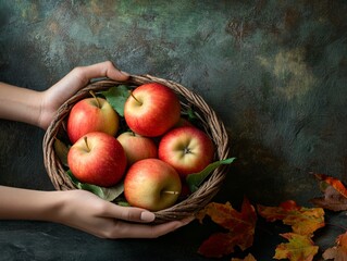 Wall Mural - A pair of hands gently cradles a rustic basket filled with freshly picked apples, set against a textured backdrop. Fallen leaves complement the autumn atmosphere