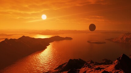  A balloon soars over water under an orange sky with the sun shining