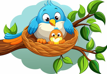 cartoon mother bird with her baby in the nest stock illustration