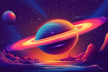 Wall Mural - A Cosmic Landscape with a Ringed Planet and Mountains