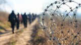 Migrants walking along a path near barbed wire, symbolizing migration routes and border challenges.