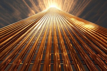 Wall Mural - Golden skyscraper reaching for the sun with a cloudy sky