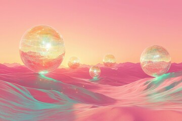 Wall Mural - Abstract Landscape with Transparent Spheres and Pink Sand Dunes