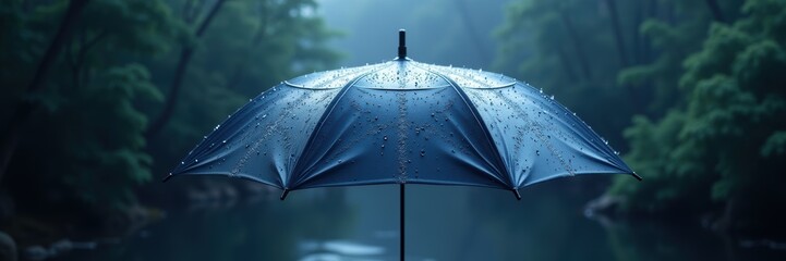 A close-up of a blue umbrella surrounded by raindrops, set against a serene, misty forest backdrop. This image captures tranquility and the beauty of rainy weather.