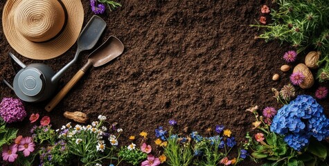 Wall Mural - Gardening Tools and Flowers on Soil