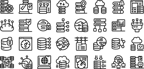 Poster - CDN icons set. Data center icons showing cloud storage and data processing capabilities in a thin line vector style