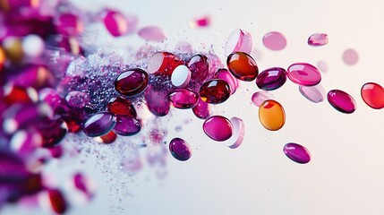 Poster -   A zoom-in of multiple colorful pills arranged on a white background with liquid droplets emerging from them