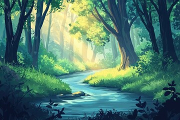 Wall Mural - Tranquil Stream Winding Through a Lush Forest